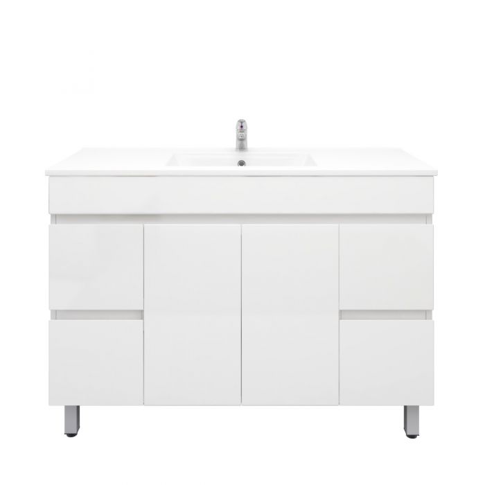 1200L*850H*460DMM Gloss White MDF Bathroom Vanity 4 Side Drawers 2 Middle Doors Free Standing