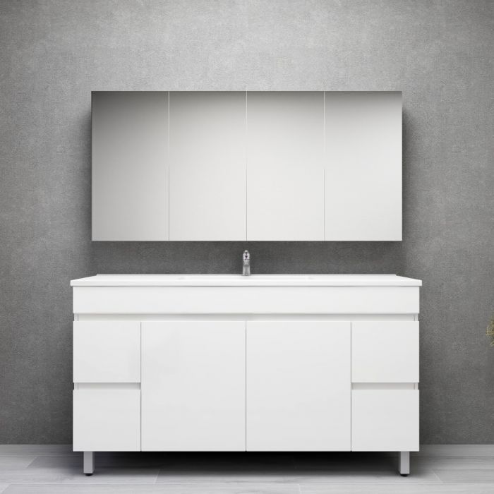 1500L*850H*460DMM Gloss White MDF Bathroom Vanity 4 Side Drawers 2 Middle Doors Free Standing