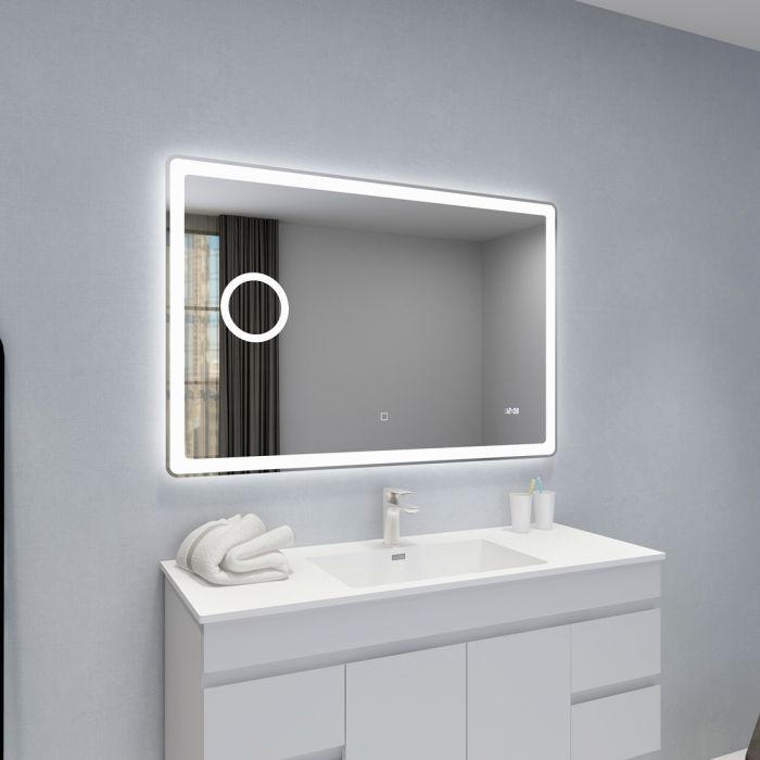 1200x800mm Curved Rim Rectangle 3 Color Frontlit LED Mirror With Magnifier and Screen Clock(Touch Sensor Switch)