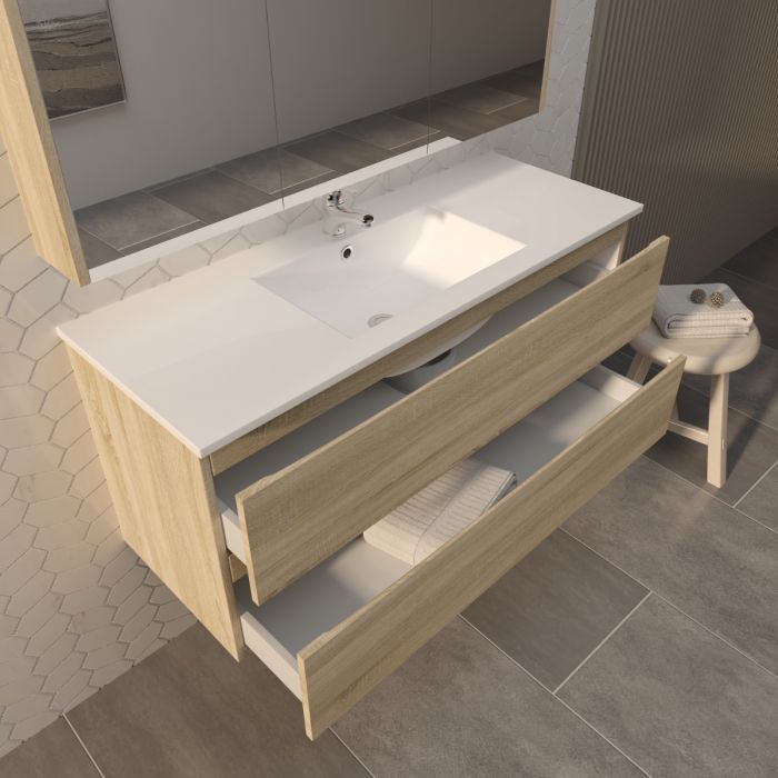 1200L*520H*460DMM White Oak MDF Bathroom Vanity 2 Drawers Wall Hung