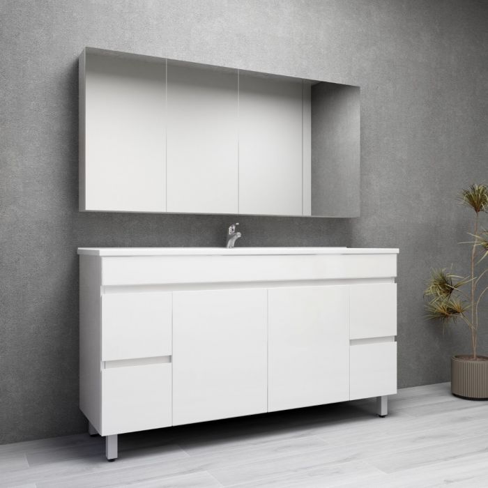 1500L*850H*460DMM Gloss White MDF Bathroom Vanity 4 Side Drawers 2 Middle Doors Free Standing