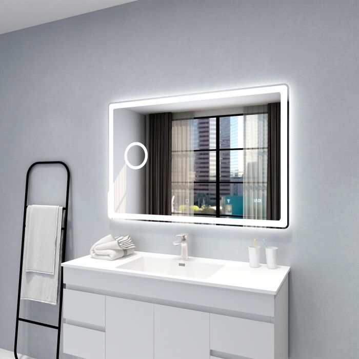 1200x800mm Curved Rim Rectangle 3 Color Frontlit LED Mirror With Magnifier and Screen Clock(Touch Sensor Switch)