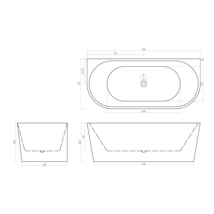 1500MM Back To Wall Bathtub Gloss White Acrylic Rounded Edge