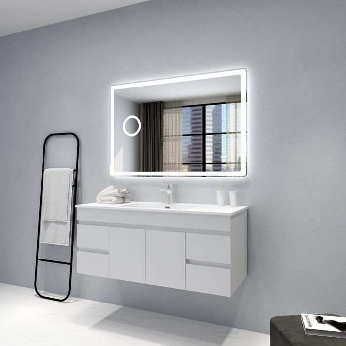 1200x800mm Curved Rim Rectangle 3 Color Frontlit LED Mirror With Magnifier and Screen Clock(Touch Sensor Switch)