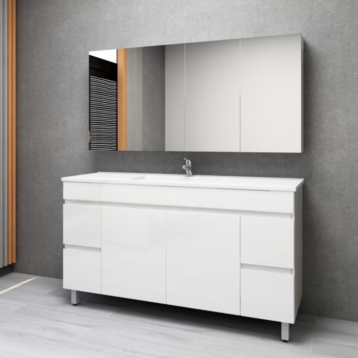 1500L*850H*460DMM Gloss White MDF Bathroom Vanity 4 Side Drawers 2 Middle Doors Free Standing