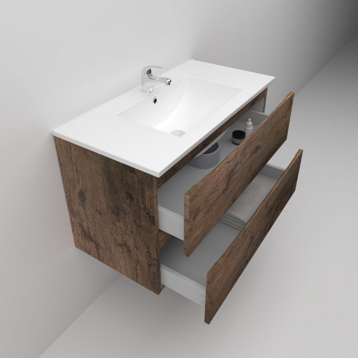 900L*520H*460DMM Dark Oak MDF Bathroom Vanity 2 Drawers Wall Hung
