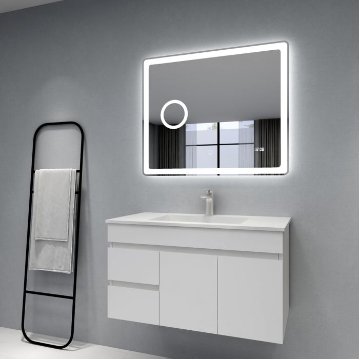 900x750mm Curved Rim Rectangle 3 Color Frontlit LED Mirror With Magnifier and Screen Clock(Touch Sensor Switch)