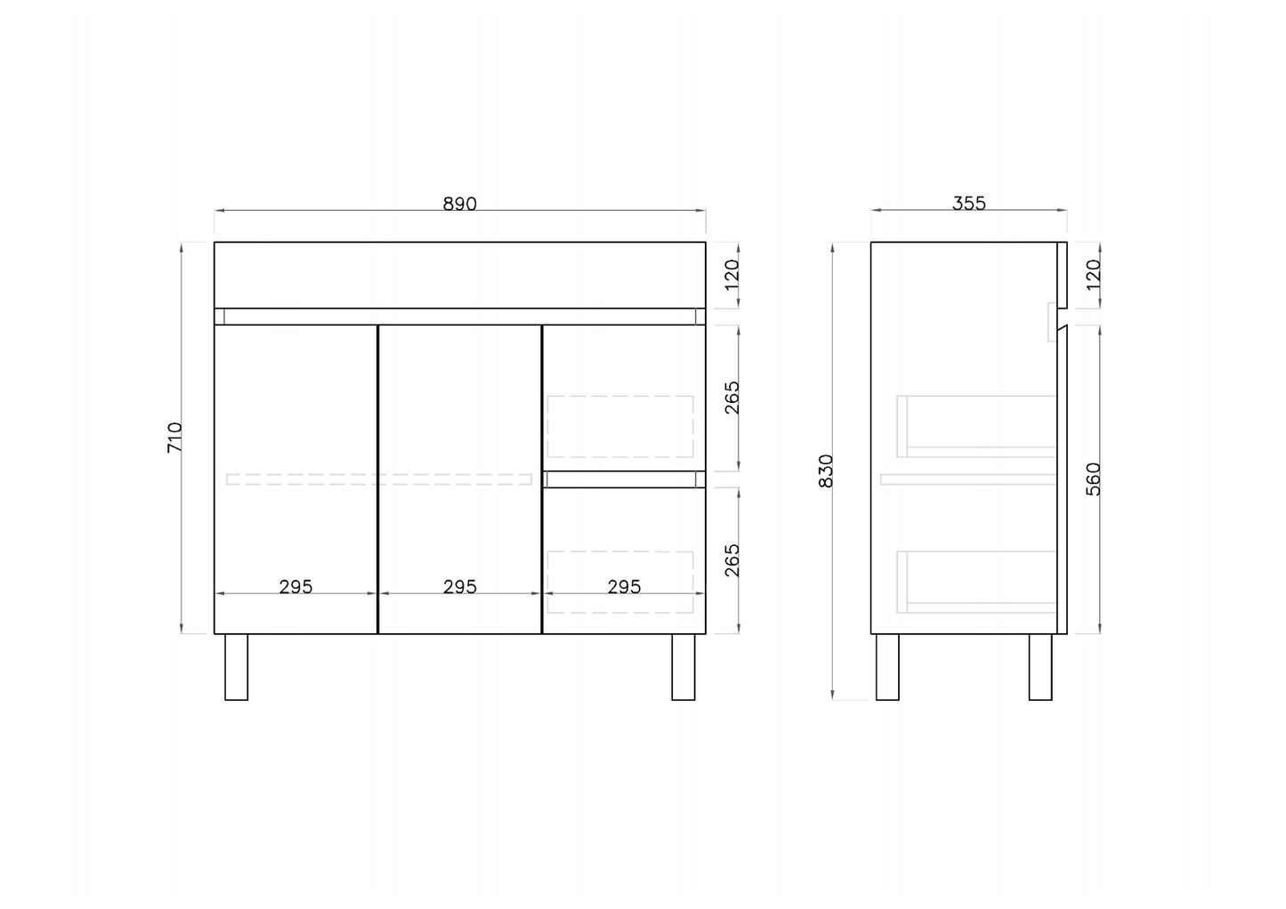 900L*850H*360(460)DMM Gloss White MDF Bathroom Vanity Right/Left Drawers Free Standing