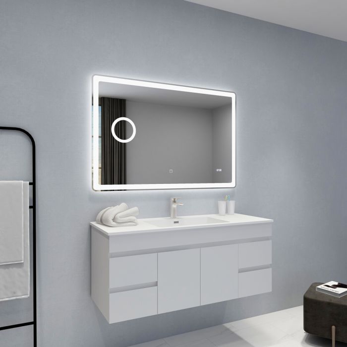 1200x800mm Curved Rim Rectangle 3 Color Frontlit LED Mirror With Magnifier and Screen Clock(Touch Sensor Switch)