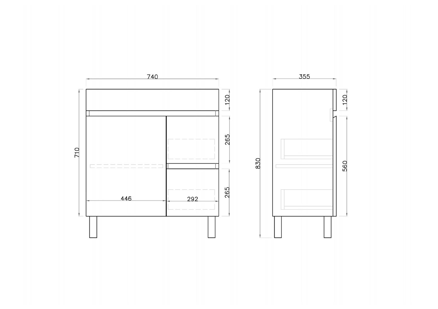 750L*850H*360(460)DMM Gloss White MDF Bathroom Vanity Right/Left Drawers Free Standing