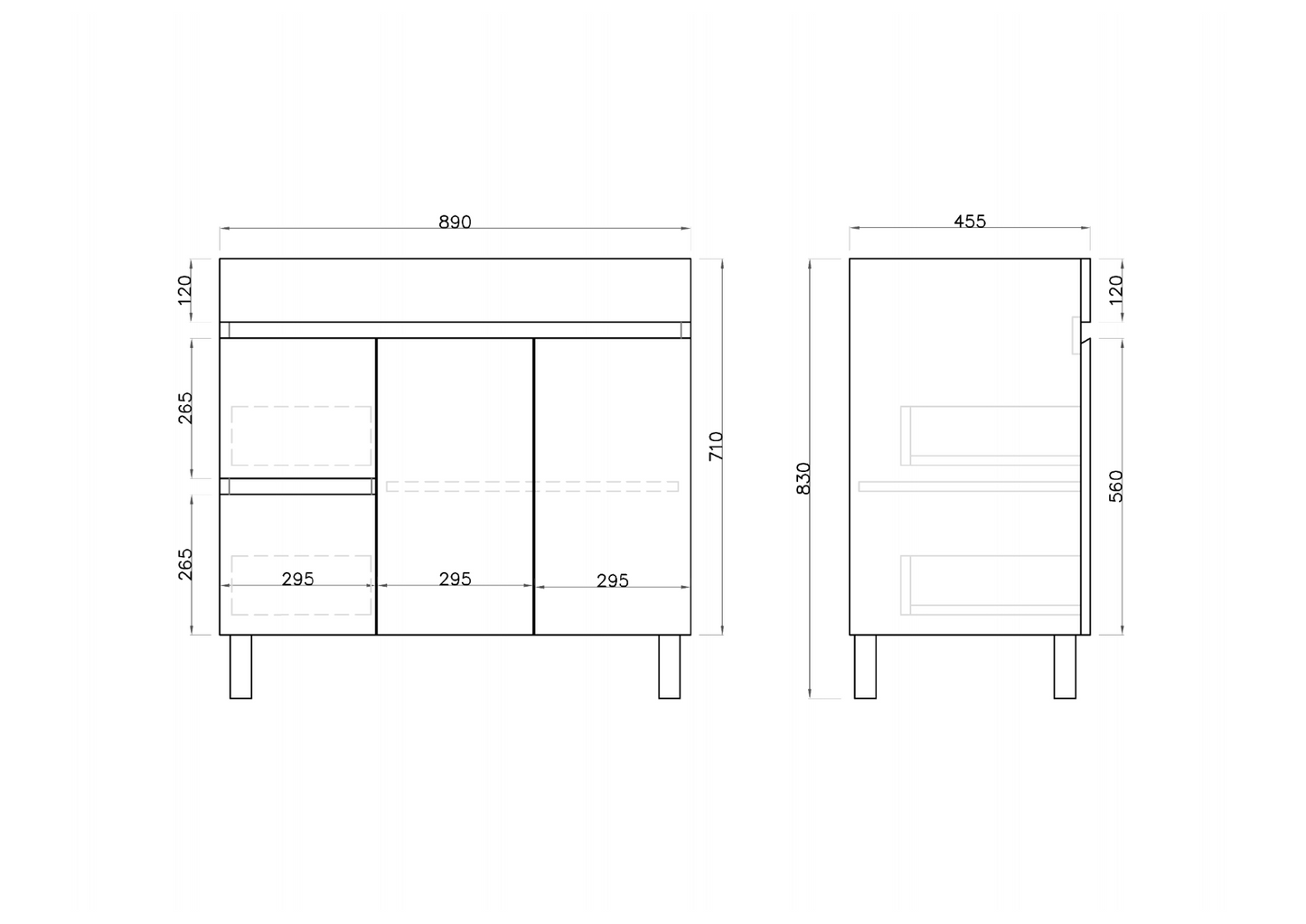 900L*850H*360(460)DMM Gloss White MDF Bathroom Vanity Right/Left Drawers Free Standing