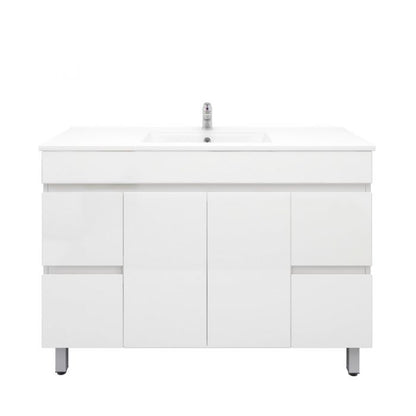 1200L*850H*460DMM Gloss White MDF Bathroom Vanity  4 Side Drawers 2 Middle Doors Free Standing