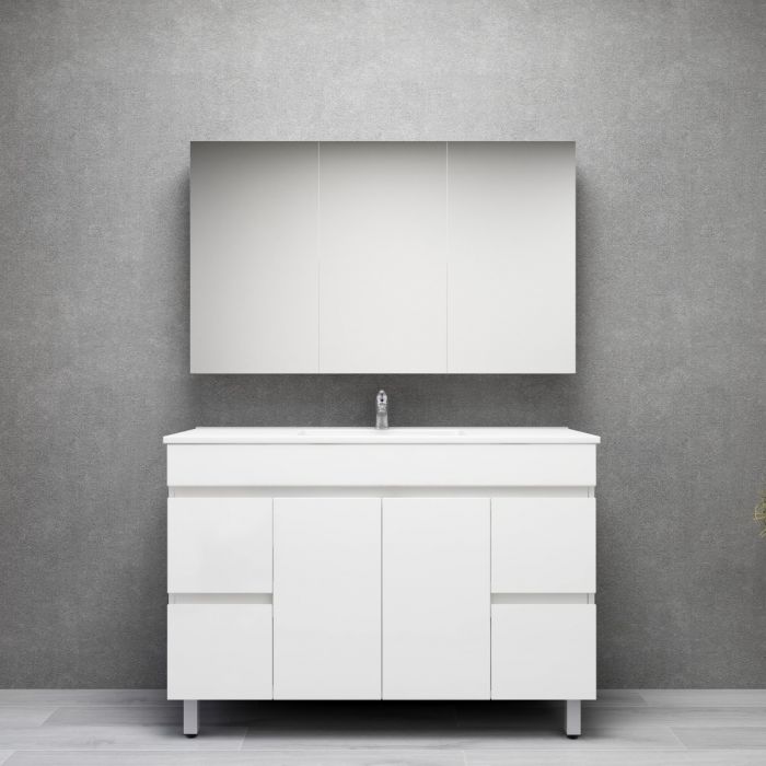 1500L*850H*460DMM Gloss White PVC Bathroom Vanity 4 Side Drawers 2 Middle Doors Free Standing