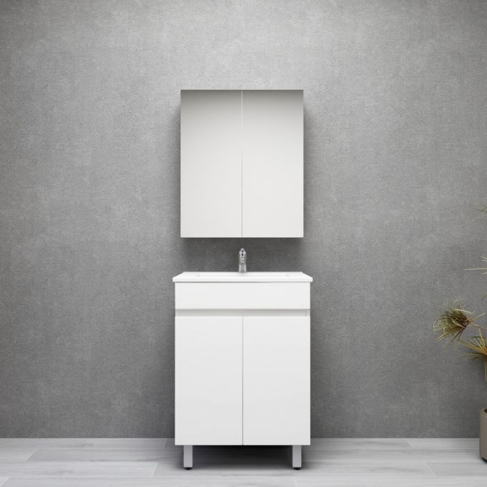 600L*850H*460DMM Gloss White PVC Bathroom Vanity 2 Doors Free Standing