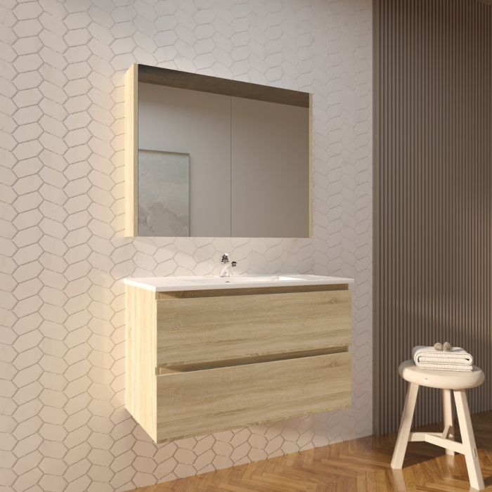 900L*520H*460DMM White Oak MDF Bathroom Vanity 2 Drawers Wall Hung