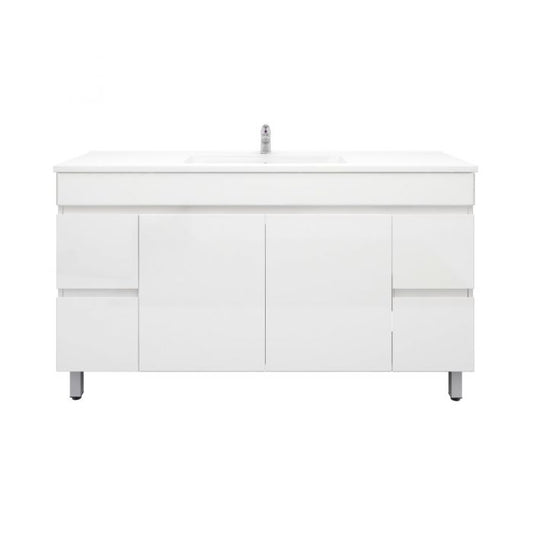 1500L*850H*460DMM Gloss White MDF Bathroom Vanity  4 Side Drawers 2 Middle Doors Free Standing