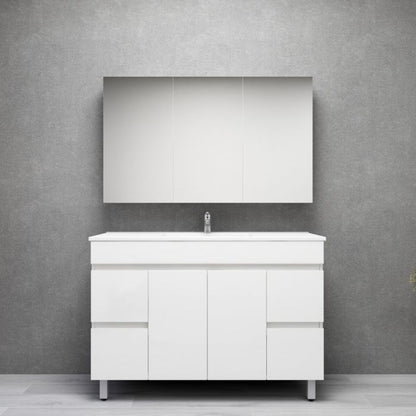 1200L*850H*460DMM Gloss White MDF Bathroom Vanity  4 Side Drawers 2 Middle Doors Free Standing