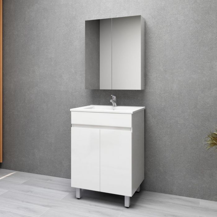 600L*850H*460DMM Gloss White PVC Bathroom Vanity 2 Doors Free Standing