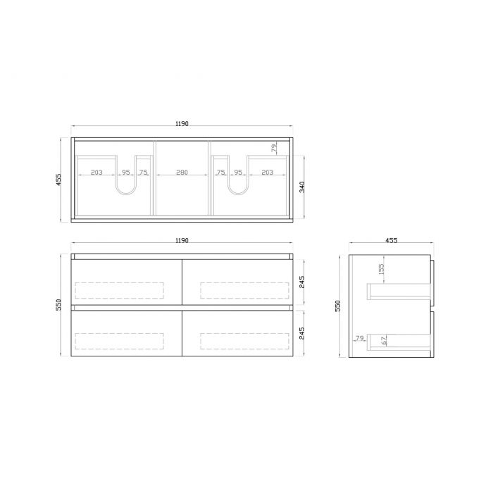 1200L*520H*460DMM White Oak MDF Bathroom Vanity 4 Drawers Wall Hung