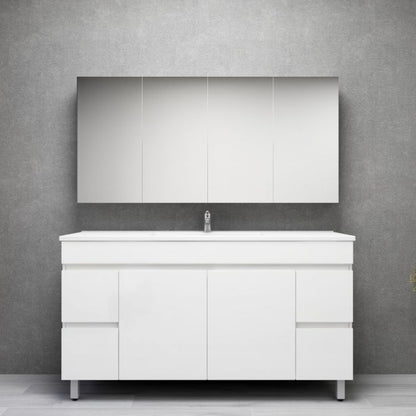 1500L*850H*460DMM Gloss White MDF Bathroom Vanity  4 Side Drawers 2 Middle Doors Free Standing