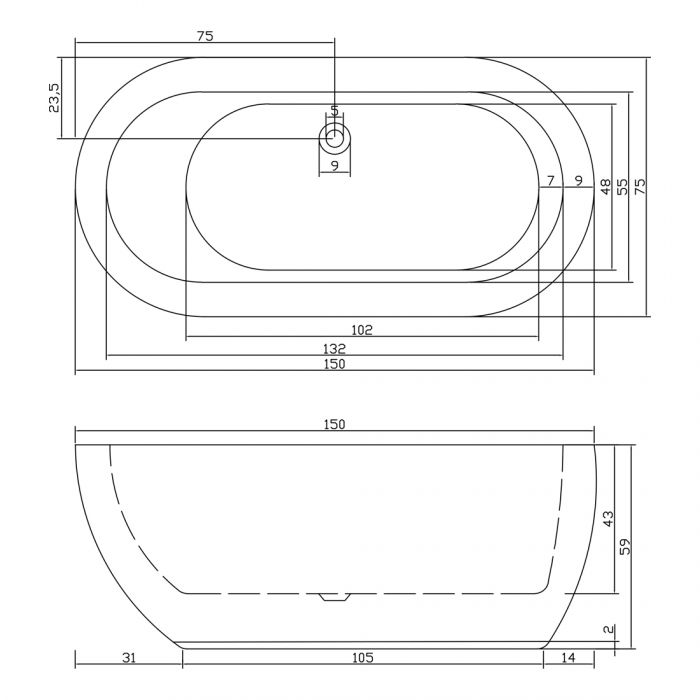 1500MM Free Standing Bathtub Boat Shape Gloss White Acrylic