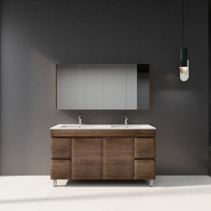 1500L*850H*460DMM Dark Oak MDF Bathroom Vanity 4 Side Drawers 2 Middle Doors Free Standing