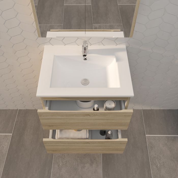 600L*520H*460DMM White Oak MDF Bathroom Vanity 2 Drawers Wall Hung