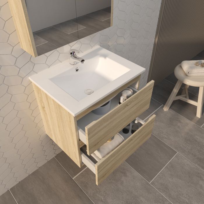 600L*520H*460DMM White Oak MDF Bathroom Vanity 2 Drawers Wall Hung