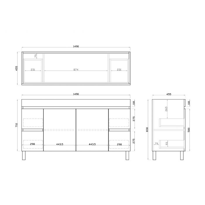 1500L*850H*460DMM Dark Oak MDF Bathroom Vanity 4 Side Drawers 2 Middle Doors Free Standing