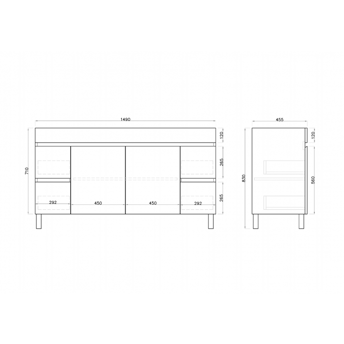 1500L*850H*460DMM Gloss White MDF Bathroom Vanity  4 Side Drawers 2 Middle Doors Free Standing