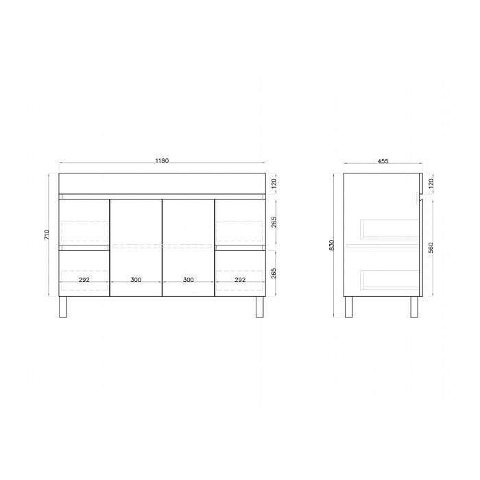 1200L*850H*460DMM Gloss White MDF Bathroom Vanity  4 Side Drawers 2 Middle Doors Free Standing