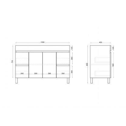 1200L*850H*460DMM Gloss White MDF Bathroom Vanity  4 Side Drawers 2 Middle Doors Free Standing