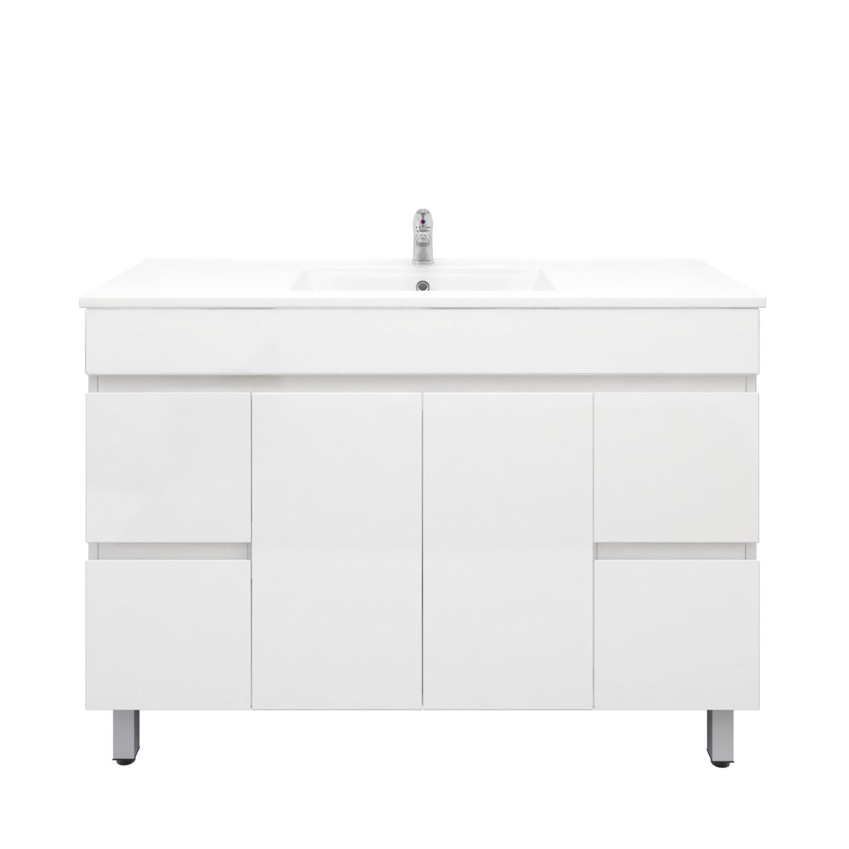 1200L*850H*460DMM Gloss White PVC Bathroom Vanity 4 Side Drawers 2 Middle Doors Free Standing