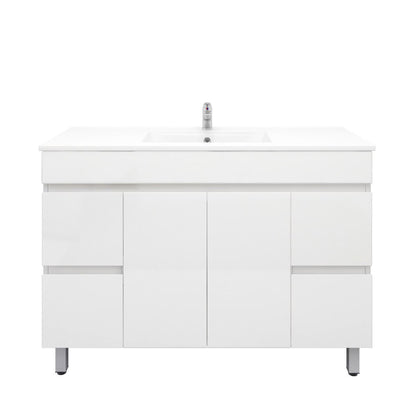 1200L*850H*460DMM Gloss White PVC Bathroom Vanity 4 Side Drawers 2 Middle Doors Free Standing