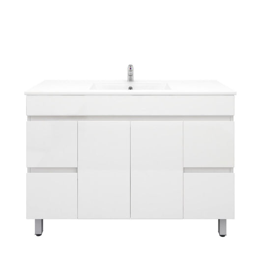 1200L*850H*460DMM Gloss White PVC Bathroom Vanity 4 Side Drawers 2 Middle Doors Free Standing