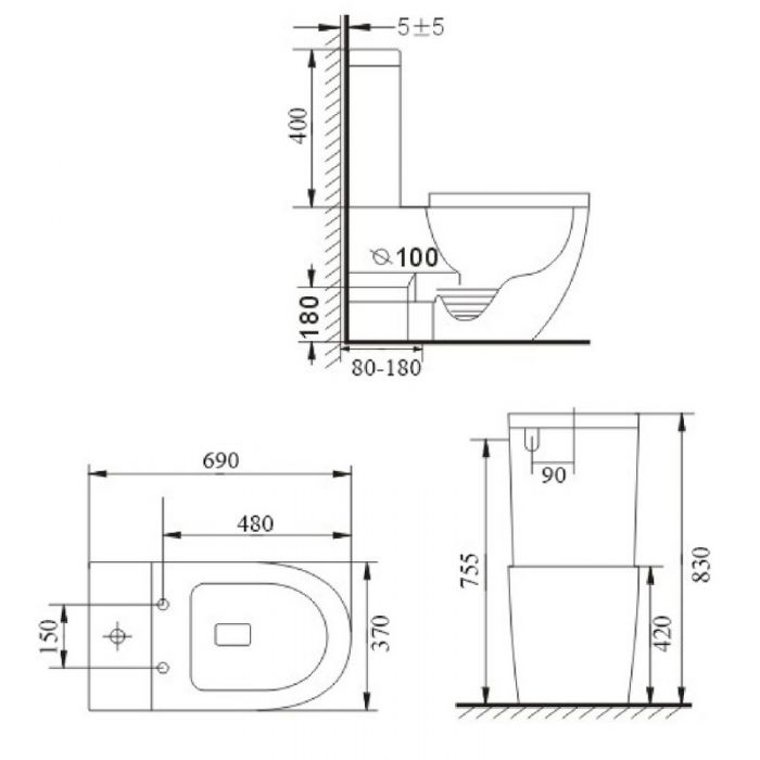 Two piece toilet Rimless flush