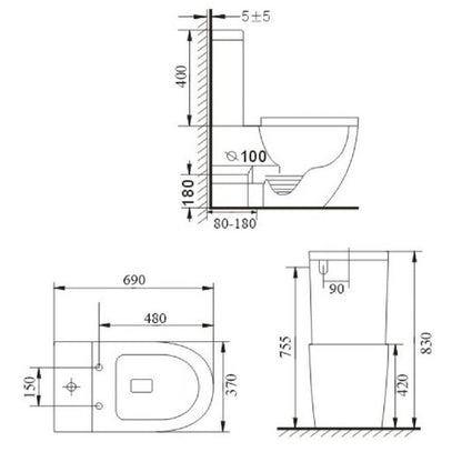 Two piece toilet Rimless flush