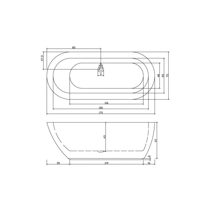 1700MM Free Standing Bathtub Boat Shape Gloss White Acrylic