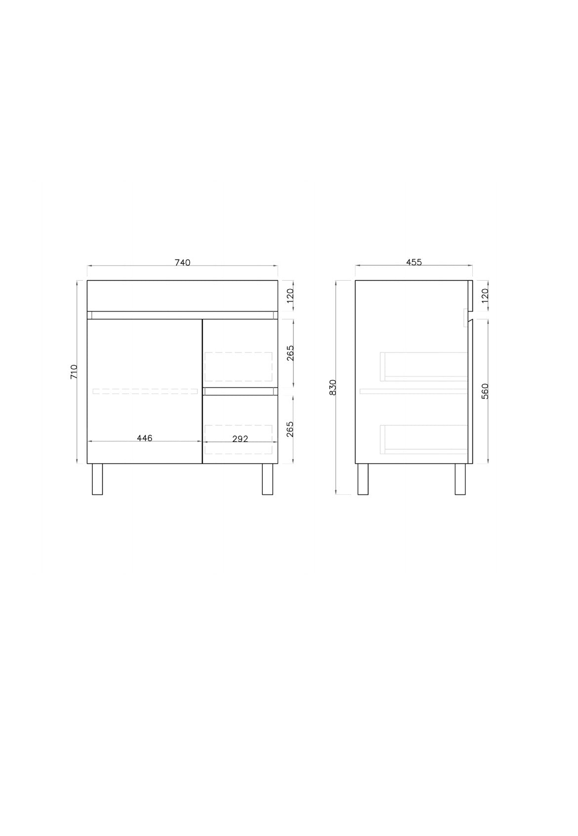 750L*850H*460DMM Gloss White PVC Bathroom Vanity  Right/Left Drawers Free Standing