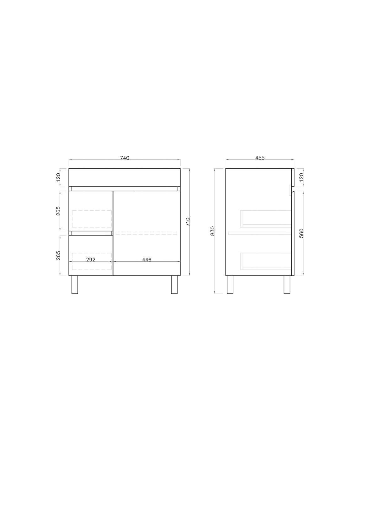 750L*850H*460DMM Gloss White PVC Bathroom Vanity  Right/Left Drawers Free Standing