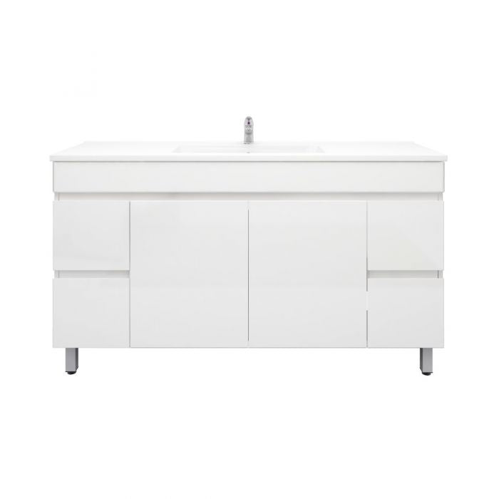 1500L*850H*460DMM Gloss White PVC Bathroom Vanity 4 Side Drawers 2 Middle Doors Free Standing