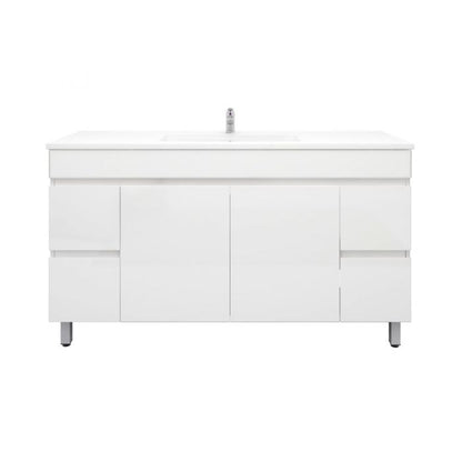 1500L*850H*460DMM Gloss White PVC Bathroom Vanity 4 Side Drawers 2 Middle Doors Free Standing