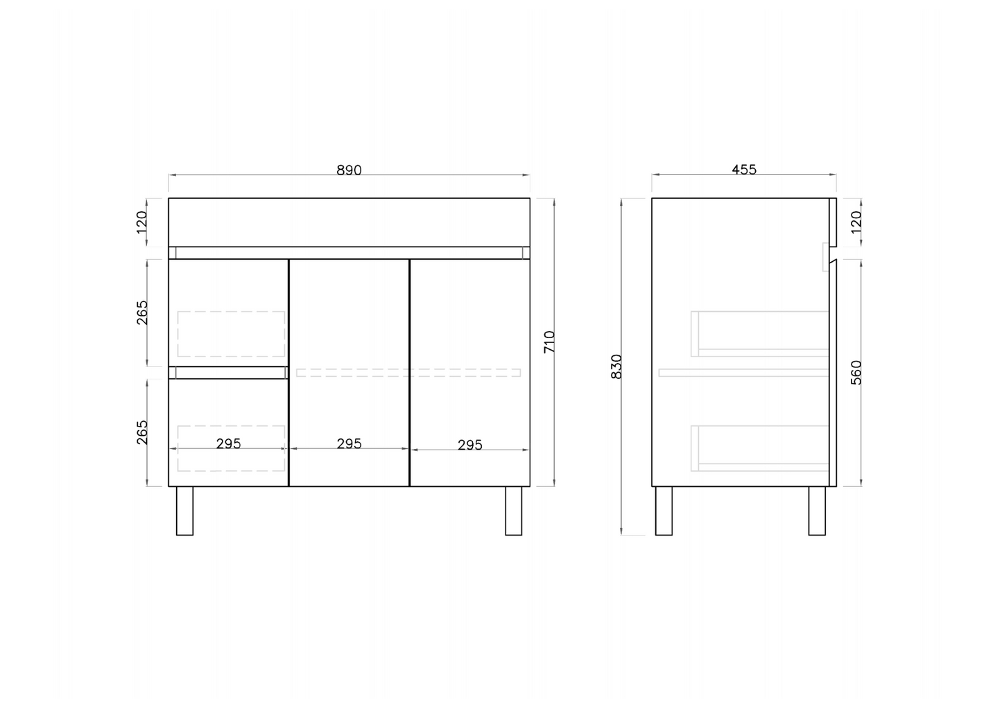 900L*850H*360(460)DMM Gloss White MDF Bathroom Vanity  Right/Left Drawers Free Standing